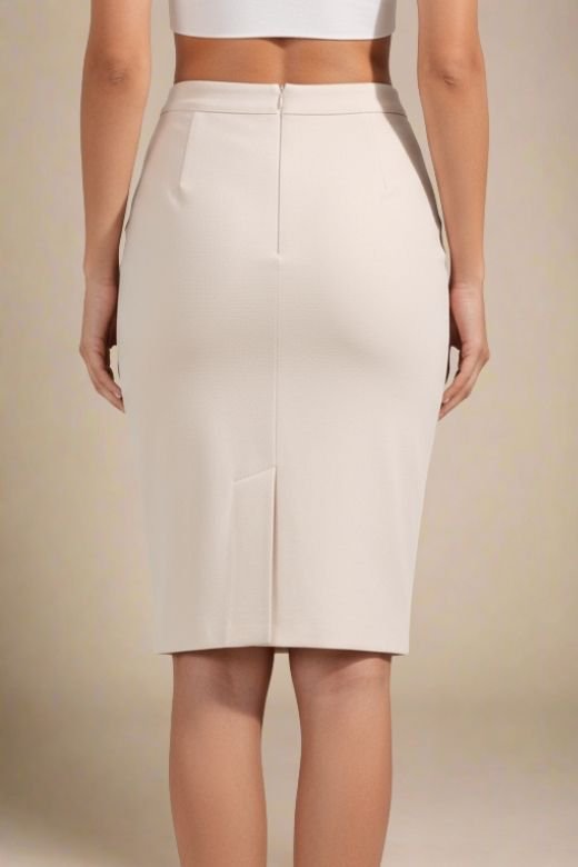 Woman wearing a figure flattering  Pencil High Waist Bandage Knee Length Skirt - Cream BODYCON COLLECTION