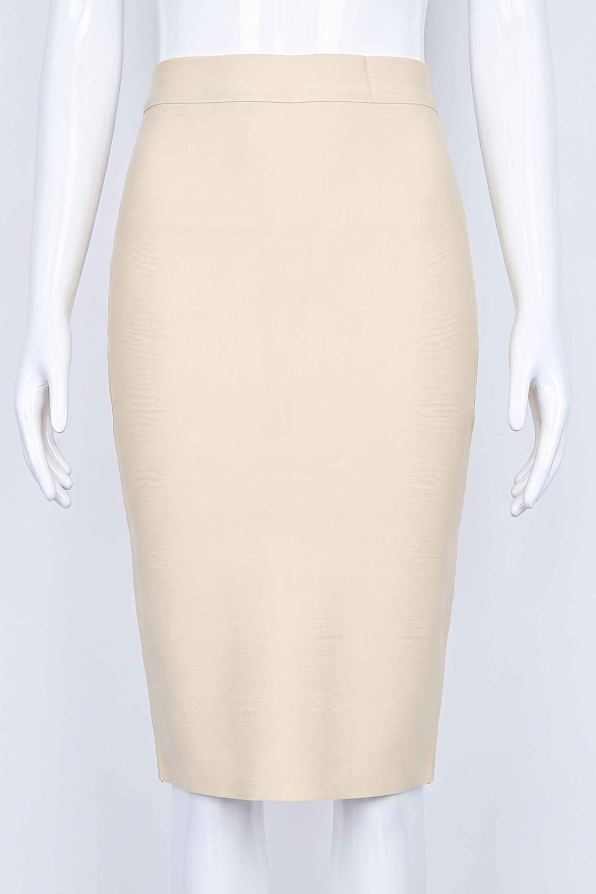 Woman wearing a figure flattering  Pencil High Waist Bandage Knee Length Skirt - Cream BODYCON COLLECTION