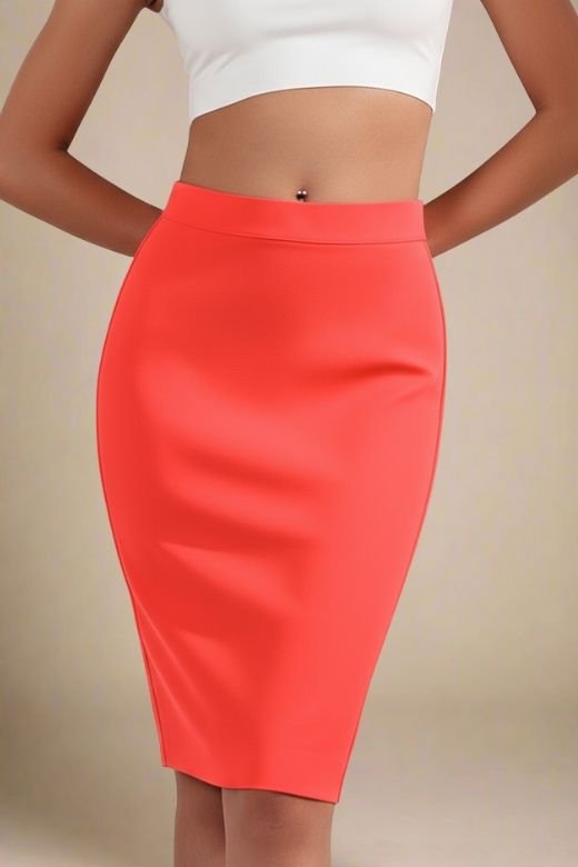 Woman wearing a figure flattering  Pencil High Waist Bandage Knee Length Skirt - Lipstick Red BODYCON COLLECTION