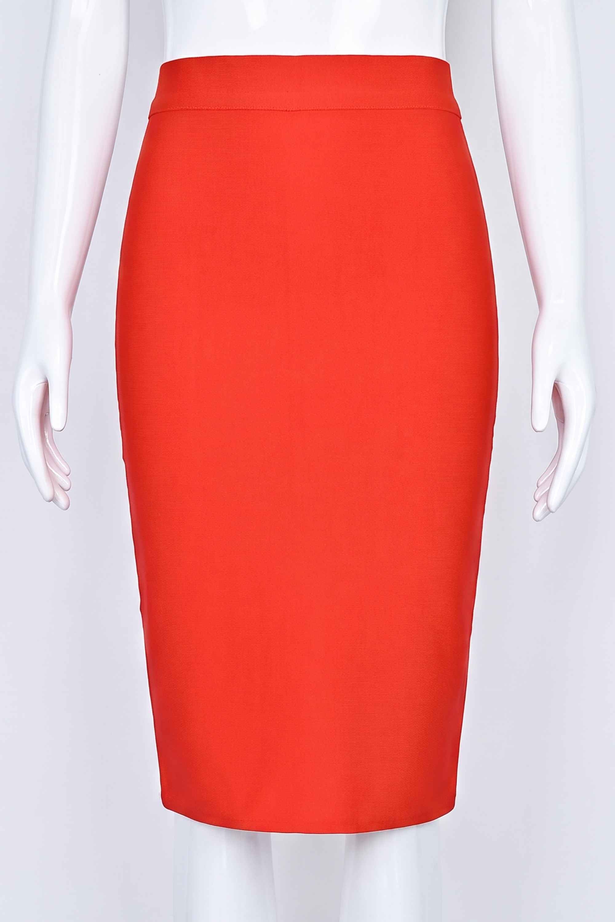 Woman wearing a figure flattering  Pencil High Waist Bandage Knee Length Skirt - Lipstick Red BODYCON COLLECTION