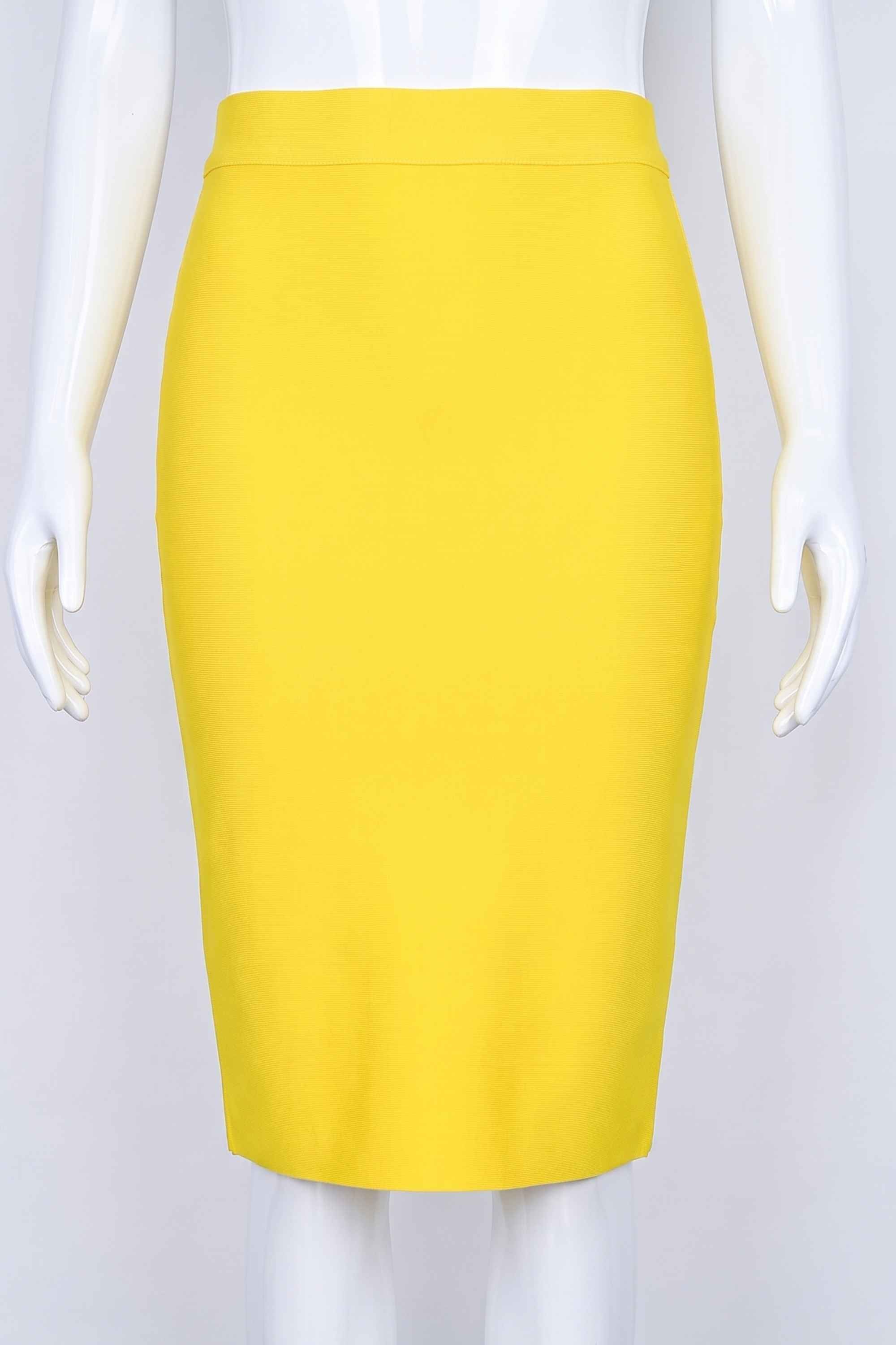 Woman wearing a figure flattering  Pencil High Waist Bandage Knee Length Skirt - Sun Yellow BODYCON COLLECTION