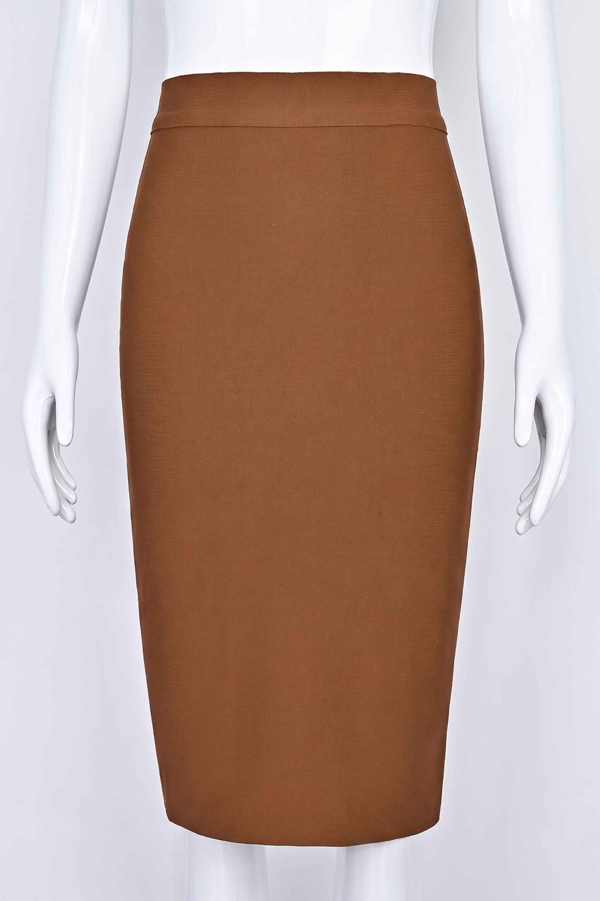 Woman wearing a figure flattering  Pencil High Waist Bandage Knee Length Skirt - Tan Brown BODYCON COLLECTION
