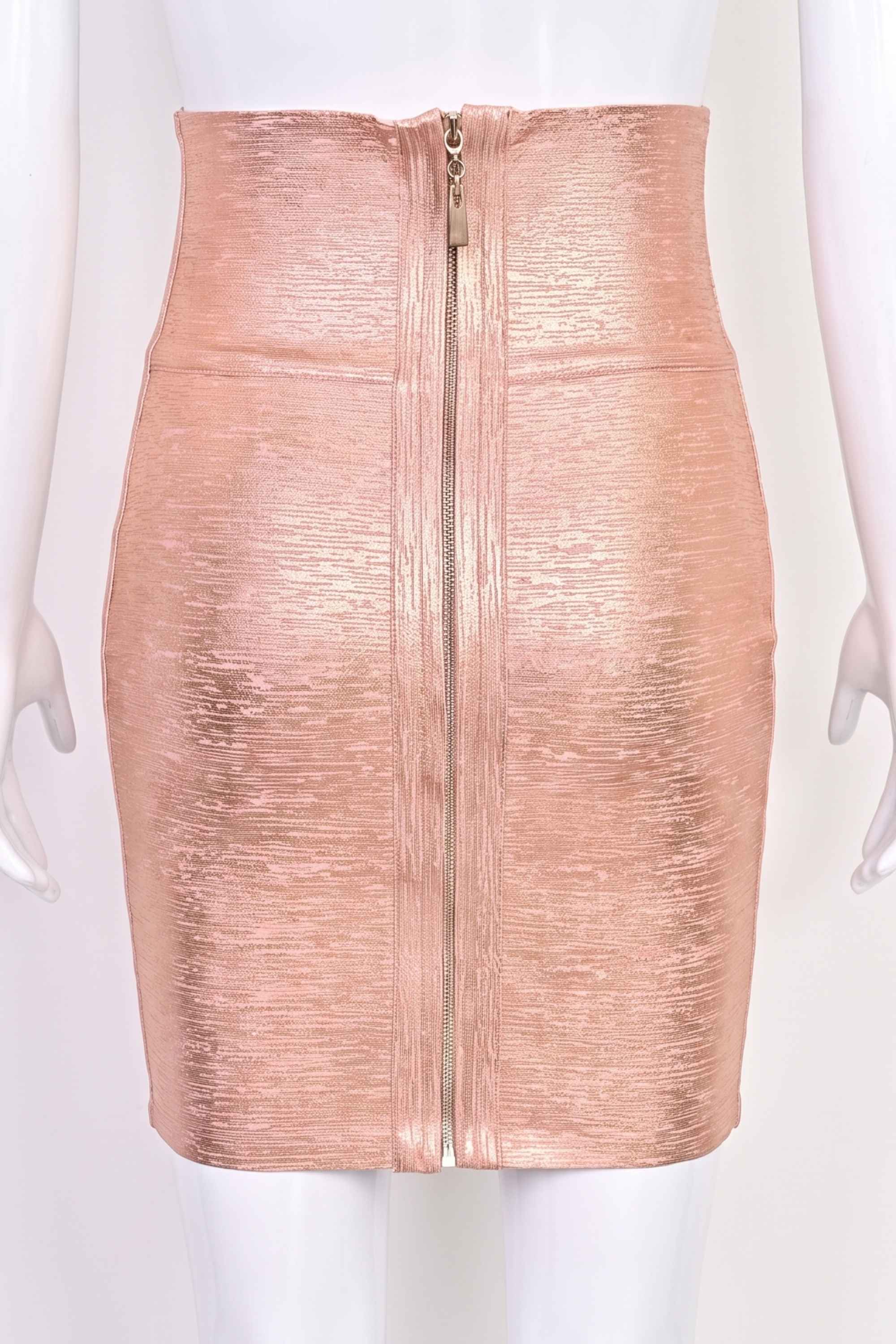 Woman wearing a figure flattering  Pencil High Waist Bandage Metallic Mini Skirt - Baby Pink BODYCON COLLECTION