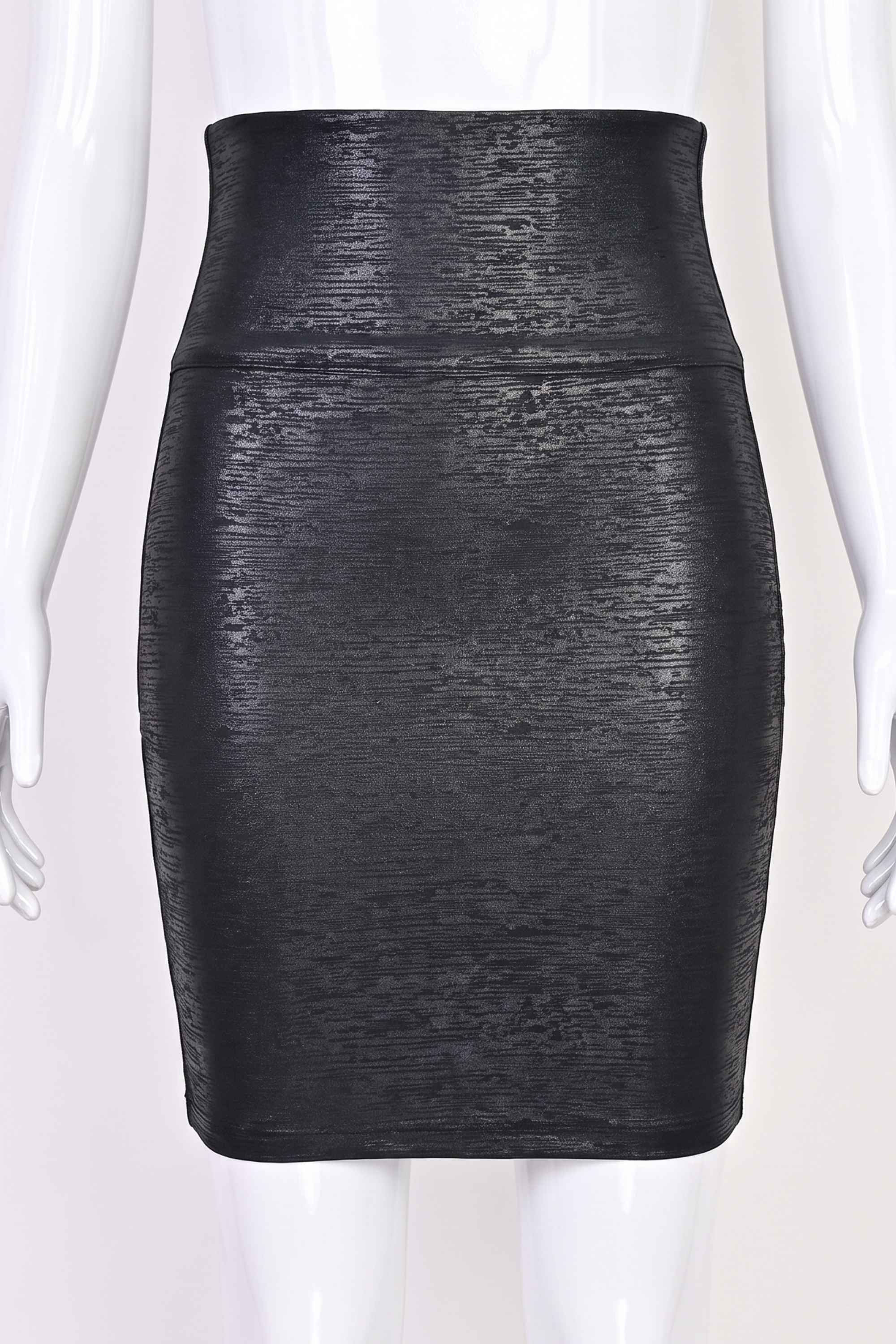 Woman wearing a figure flattering  Pencil High Waist Bandage Metallic Mini Skirt - Classic Black BODYCON COLLECTION