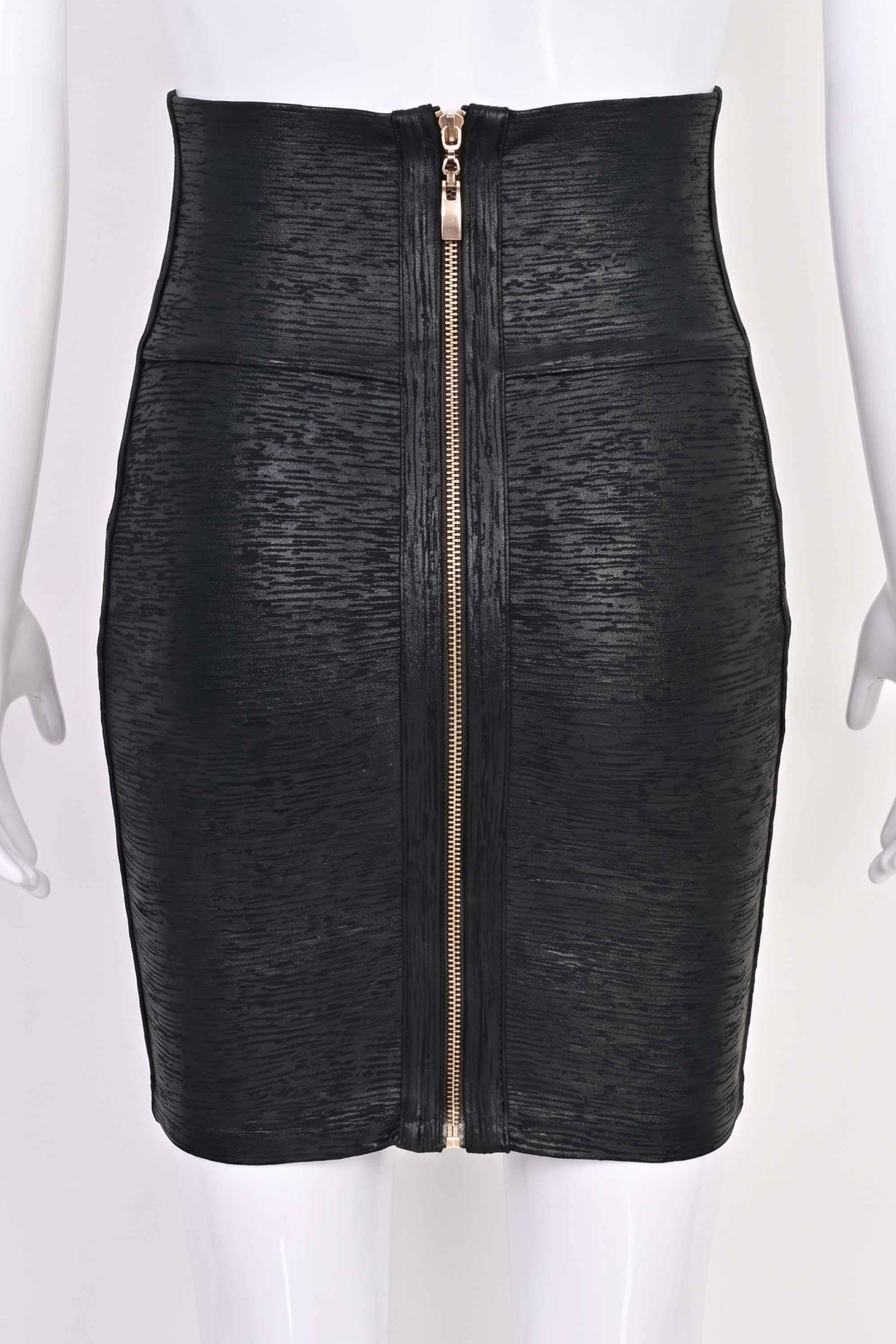 Woman wearing a figure flattering  Pencil High Waist Bandage Metallic Mini Skirt - Classic Black BODYCON COLLECTION