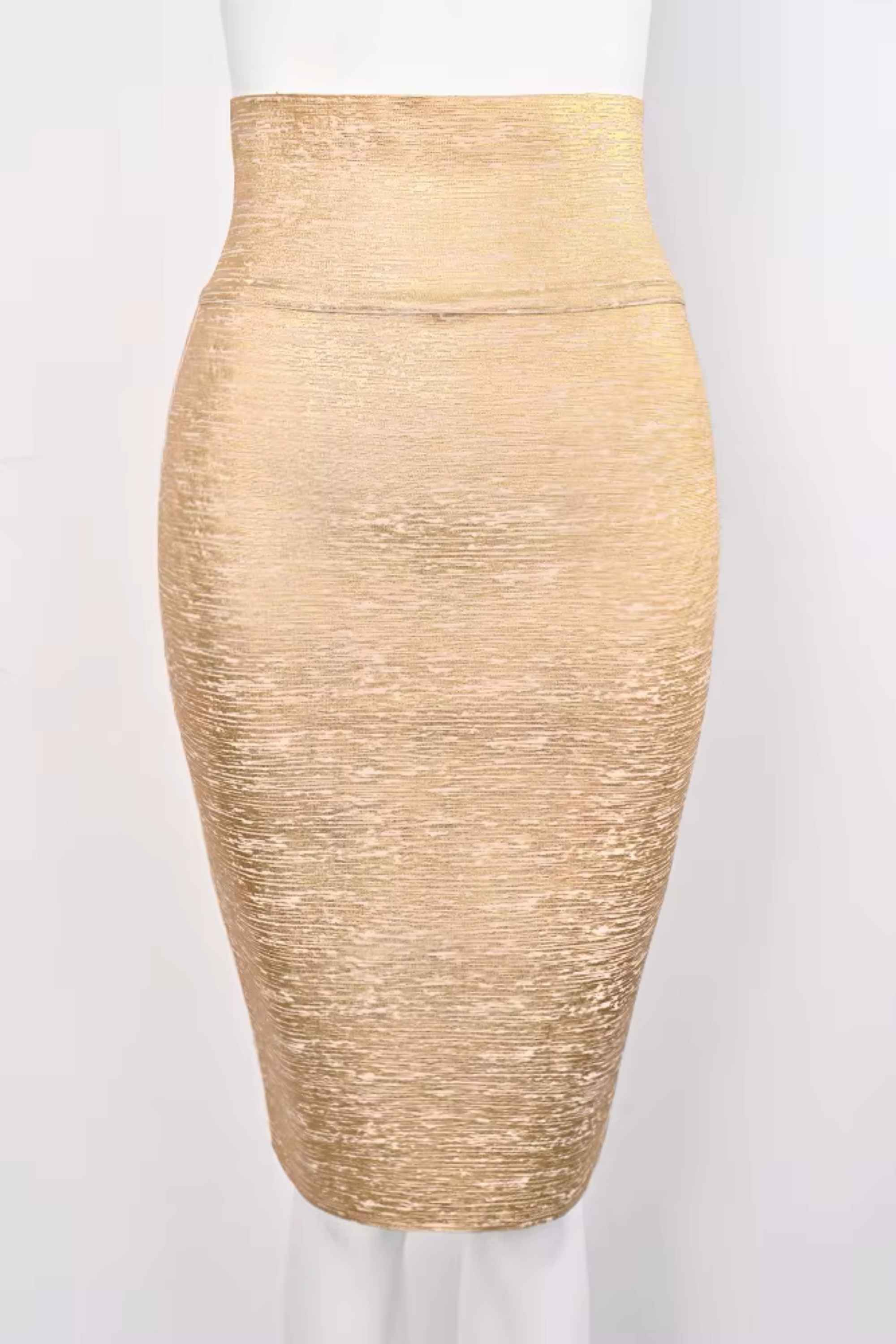 Woman wearing a figure flattering  Pencil High Waist Bandage Midi Skirt - Gold BODYCON COLLECTION