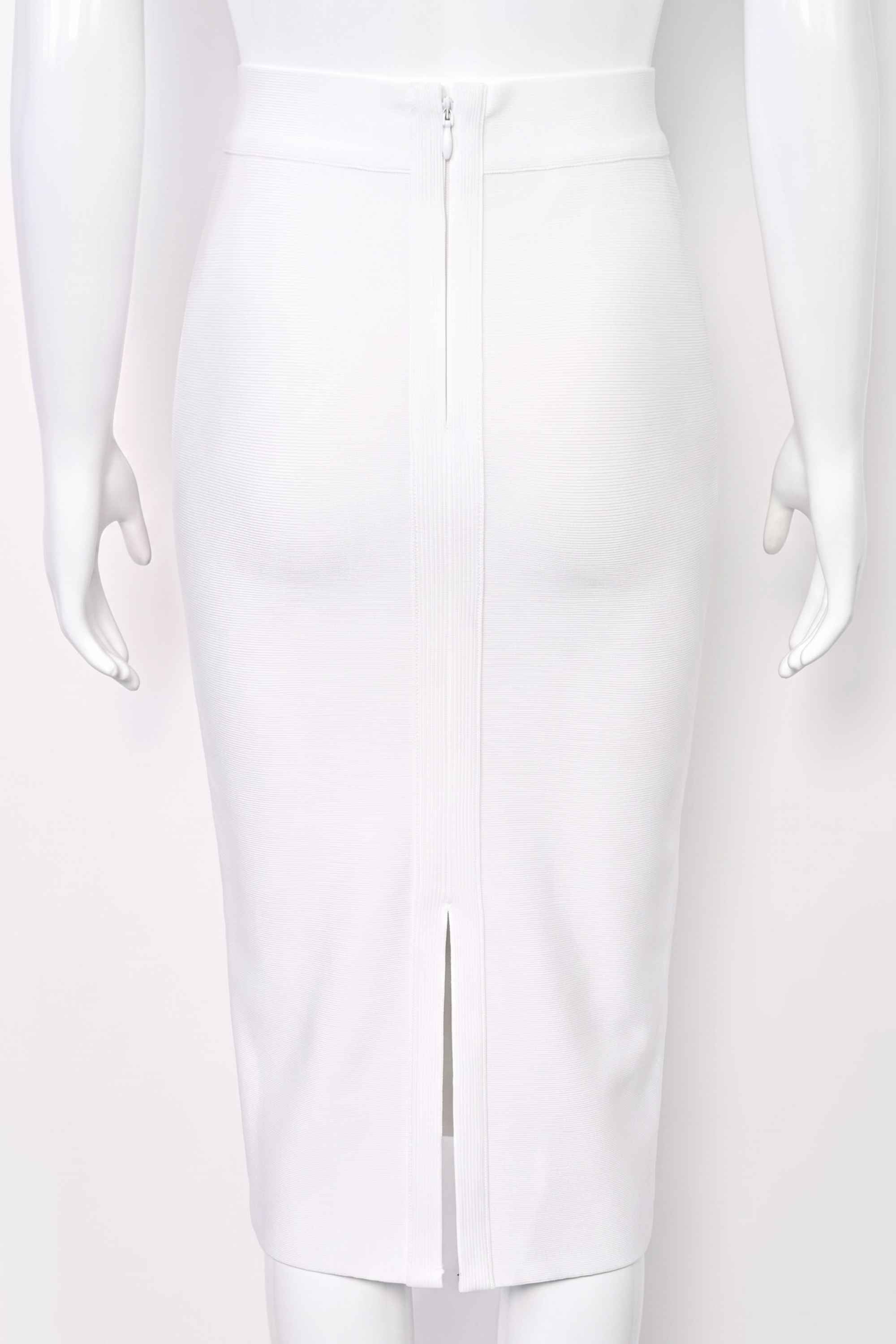Woman wearing a figure flattering  Pencil High Waist Bandage Midi Skirt - Pearl White BODYCON COLLECTION