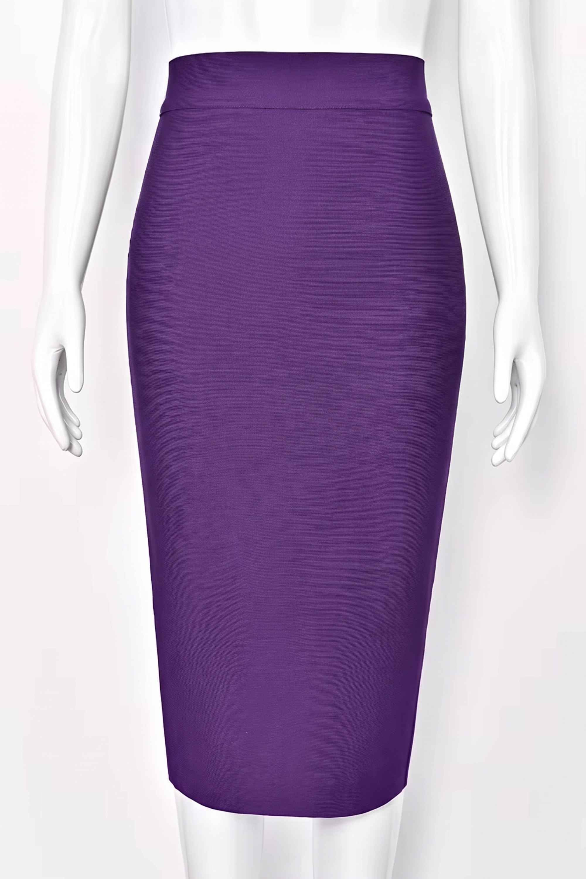Woman wearing a figure flattering  Pencil High Waist Bandage Midi Skirt - Plum Purple BODYCON COLLECTION