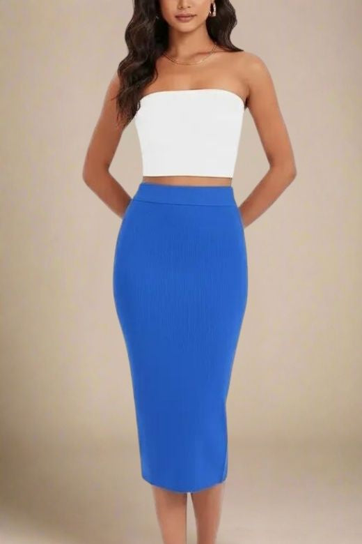 Woman wearing a figure flattering  Pencil High Waist Bandage Midi Skirt - Royal Blue BODYCON COLLECTION