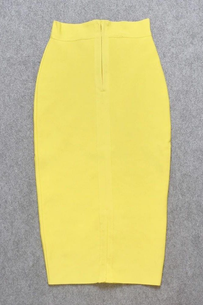 Woman wearing a figure flattering  Pencil High Waist Bandage Midi Skirt - Sun Yellow BODYCON COLLECTION