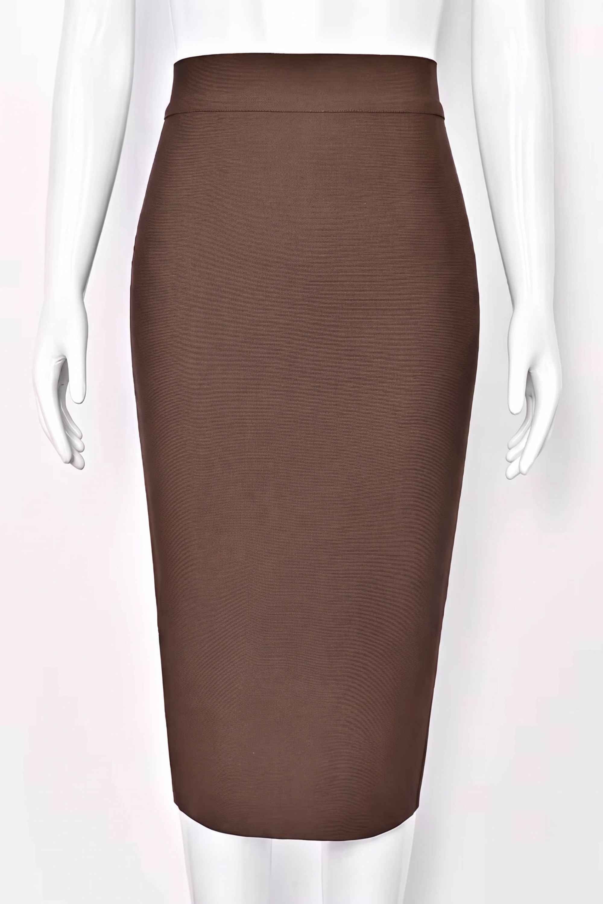 Woman wearing a figure flattering  Pencil High Waist Bandage Midi Skirt - Tan Brown BODYCON COLLECTION
