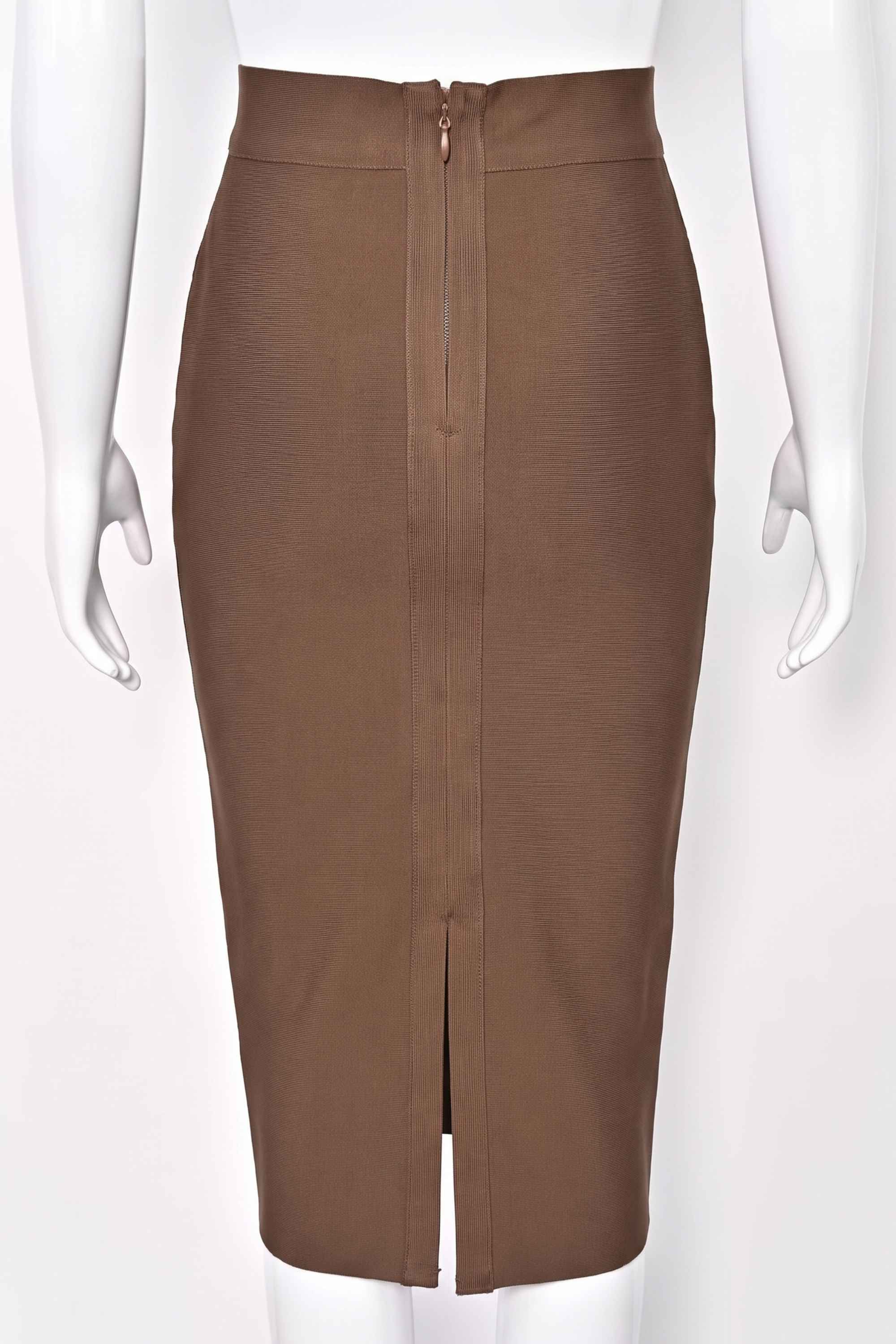 Woman wearing a figure flattering  Pencil High Waist Bandage Midi Skirt - Tan Brown BODYCON COLLECTION