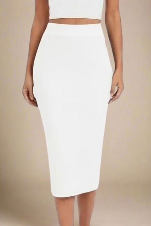 Woman wearing a figure flattering  Pencil High Waist Bandage Midi Skirt - White Pearl BODYCON COLLECTION