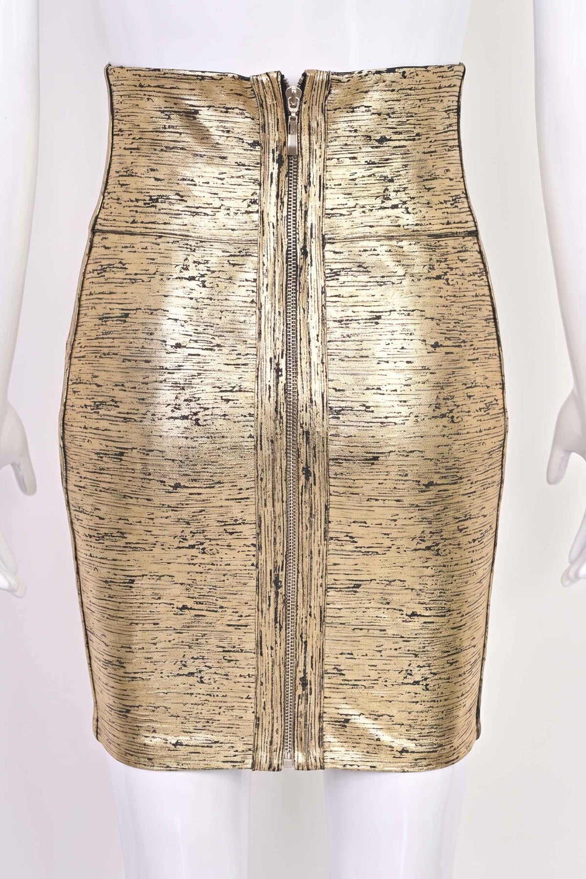 Woman wearing a figure flattering  Pencil High Waist Bandage Mini Skirt - Gold Metallic BODYCON COLLECTION
