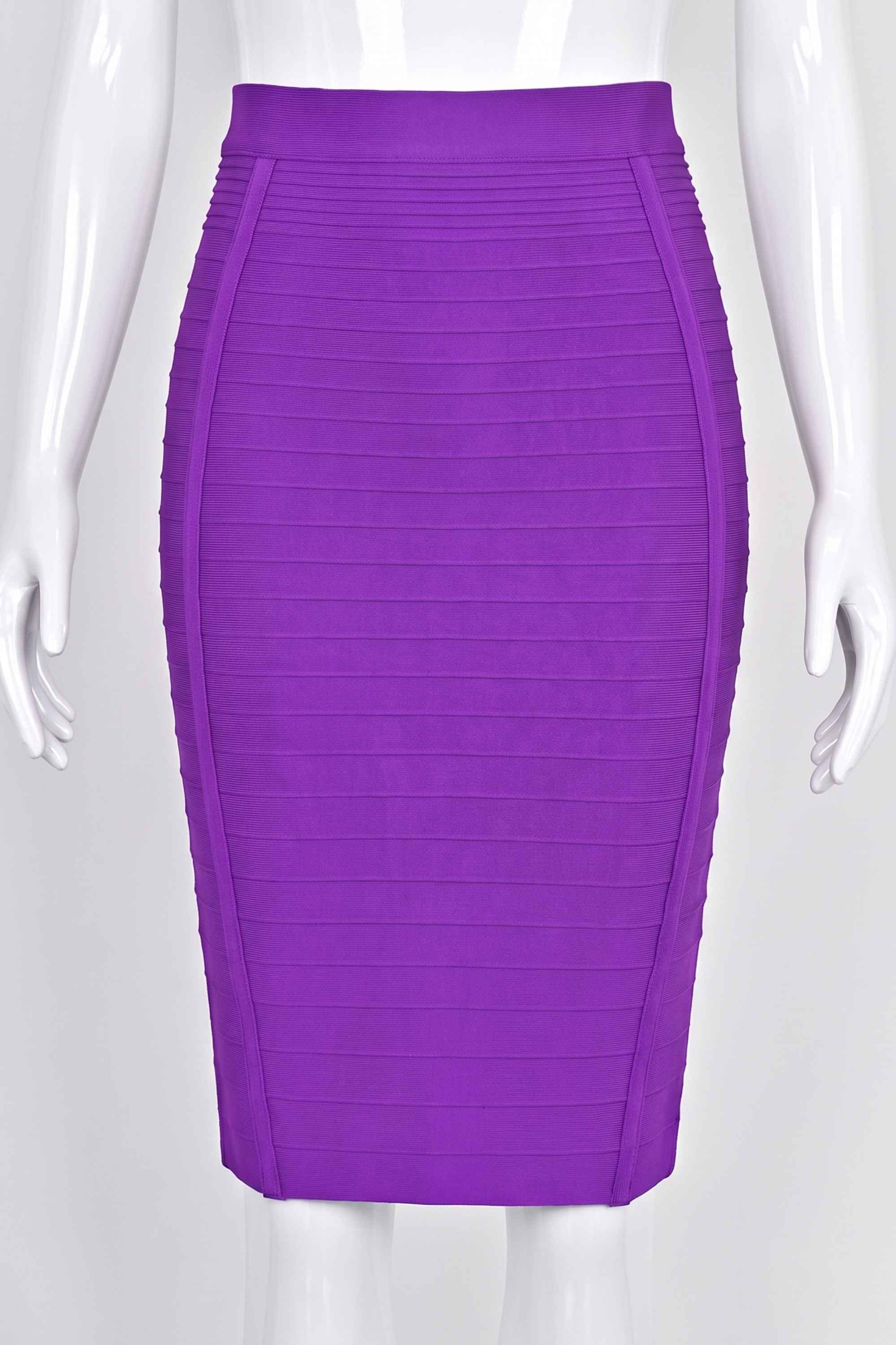 Woman wearing a figure flattering  Pencil High Waist Knitted Knee Length Skirt - Plum Purple BODYCON COLLECTION