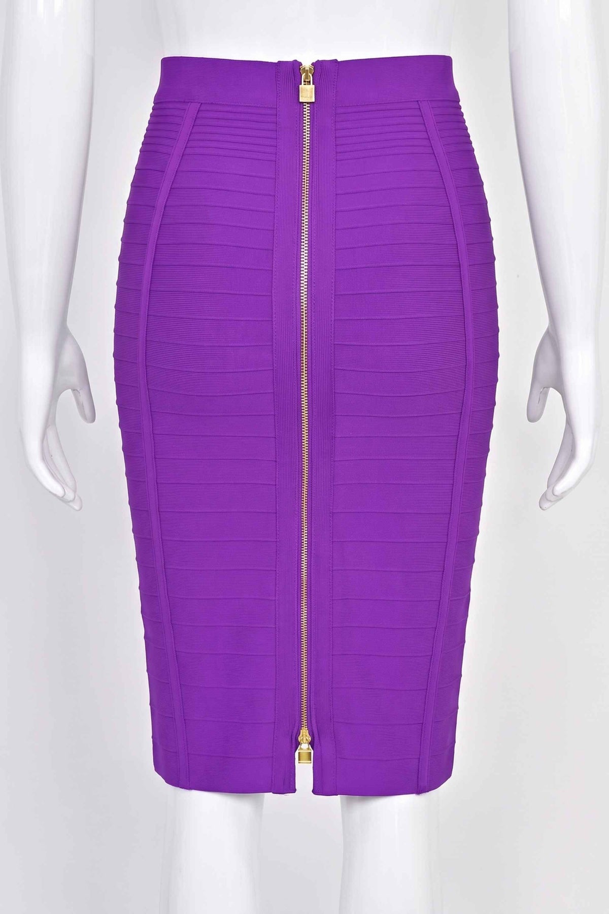 Woman wearing a figure flattering  Pencil High Waist Knitted Knee Length Skirt - Plum Purple BODYCON COLLECTION