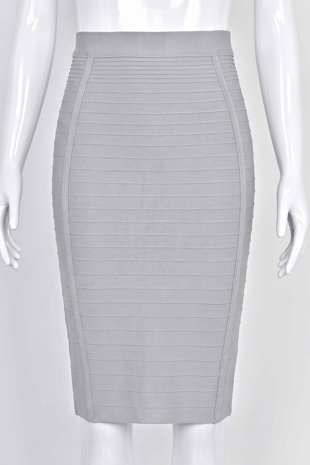 Woman wearing a figure flattering  Pencil High Waist Knitted Knee Length Skirt - Steel Gray BODYCON COLLECTION