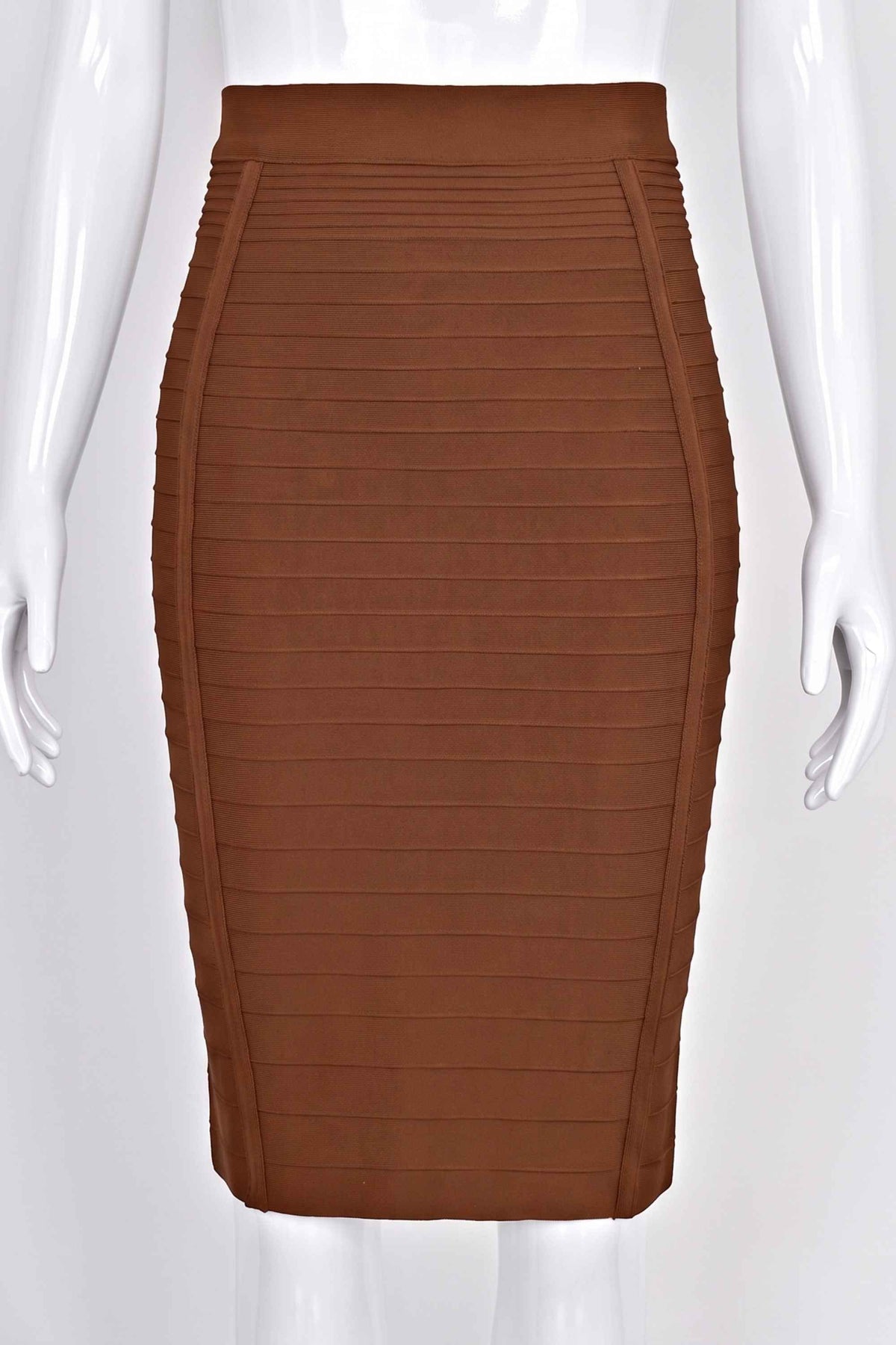Woman wearing a figure flattering  Pencil High Waist Knitted Knee Length Skirt - Tan Brown BODYCON COLLECTION