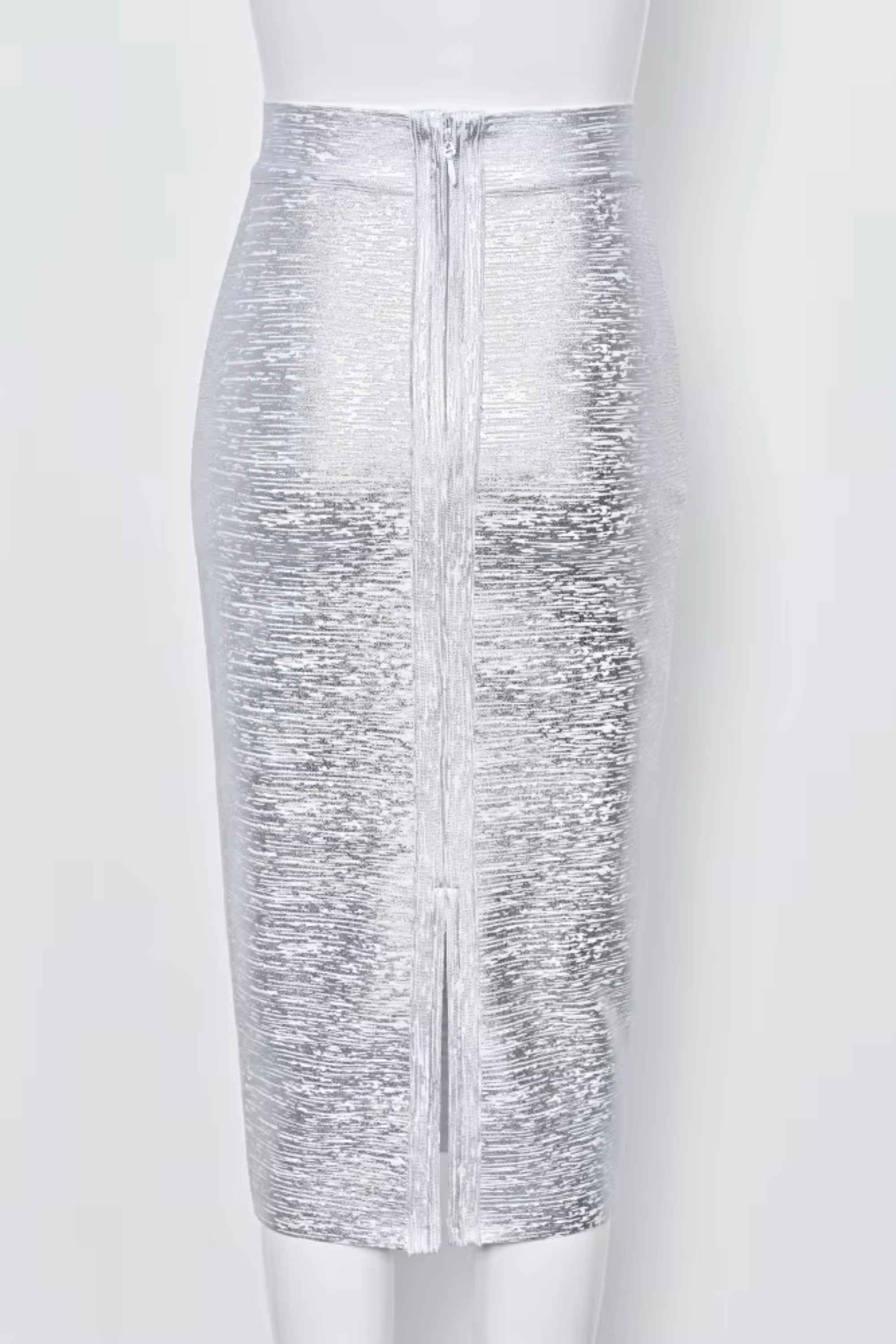 Woman wearing a figure flattering  Pencil High Waist Leather Metallic Midi Skirt - Silver BODYCON COLLECTION
