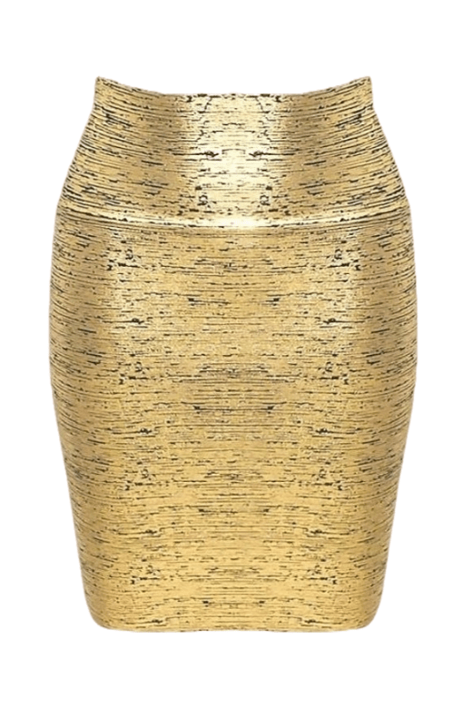 Woman wearing a figure flattering  Pencil High Waist Leather Mini Skirt - Gold Metallic BODYCON COLLECTION