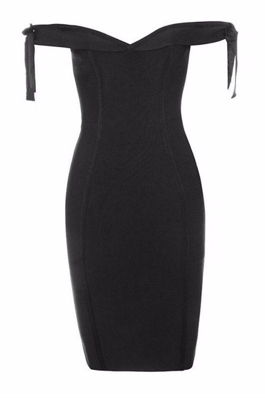 Woman wearing a figure flattering  Penelope Bandage Mini Dress - Classic Black BODYCON COLLECTION