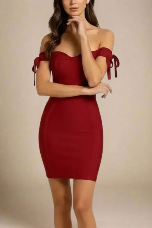 Woman wearing a figure flattering  Penelope Bandage Mini Dress - Red Wine BODYCON COLLECTION