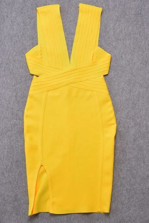 Woman wearing a figure flattering  Pia Bandage Dress - Sun Yellow BODYCON COLLECTION