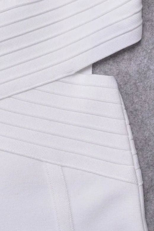 Woman wearing a figure flattering  Pia Bandage Dress - White Pearl BODYCON COLLECTION