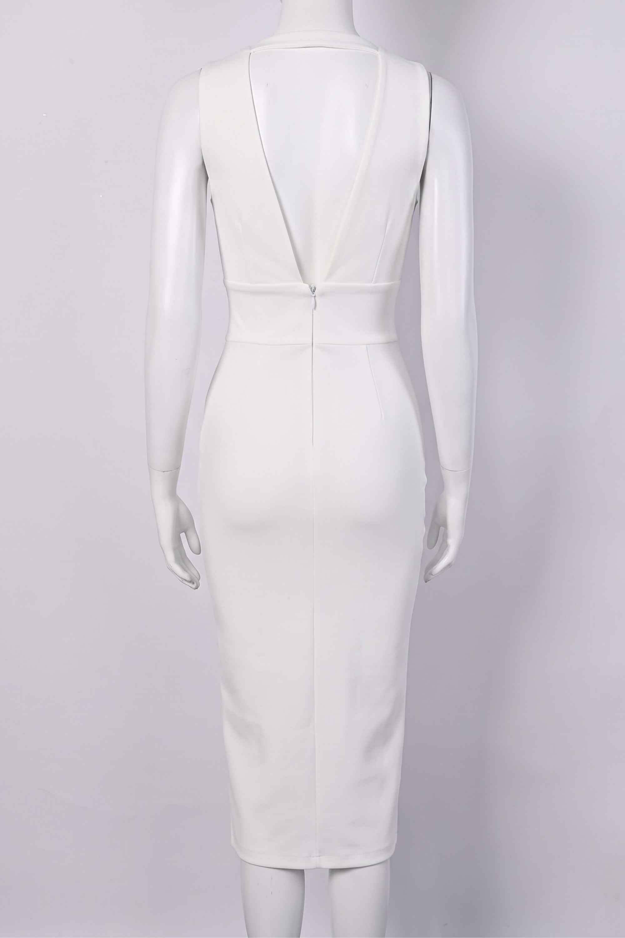 Woman wearing a figure flattering  Pia Bandage Midi Dress - White Pearl BODYCON COLLECTION