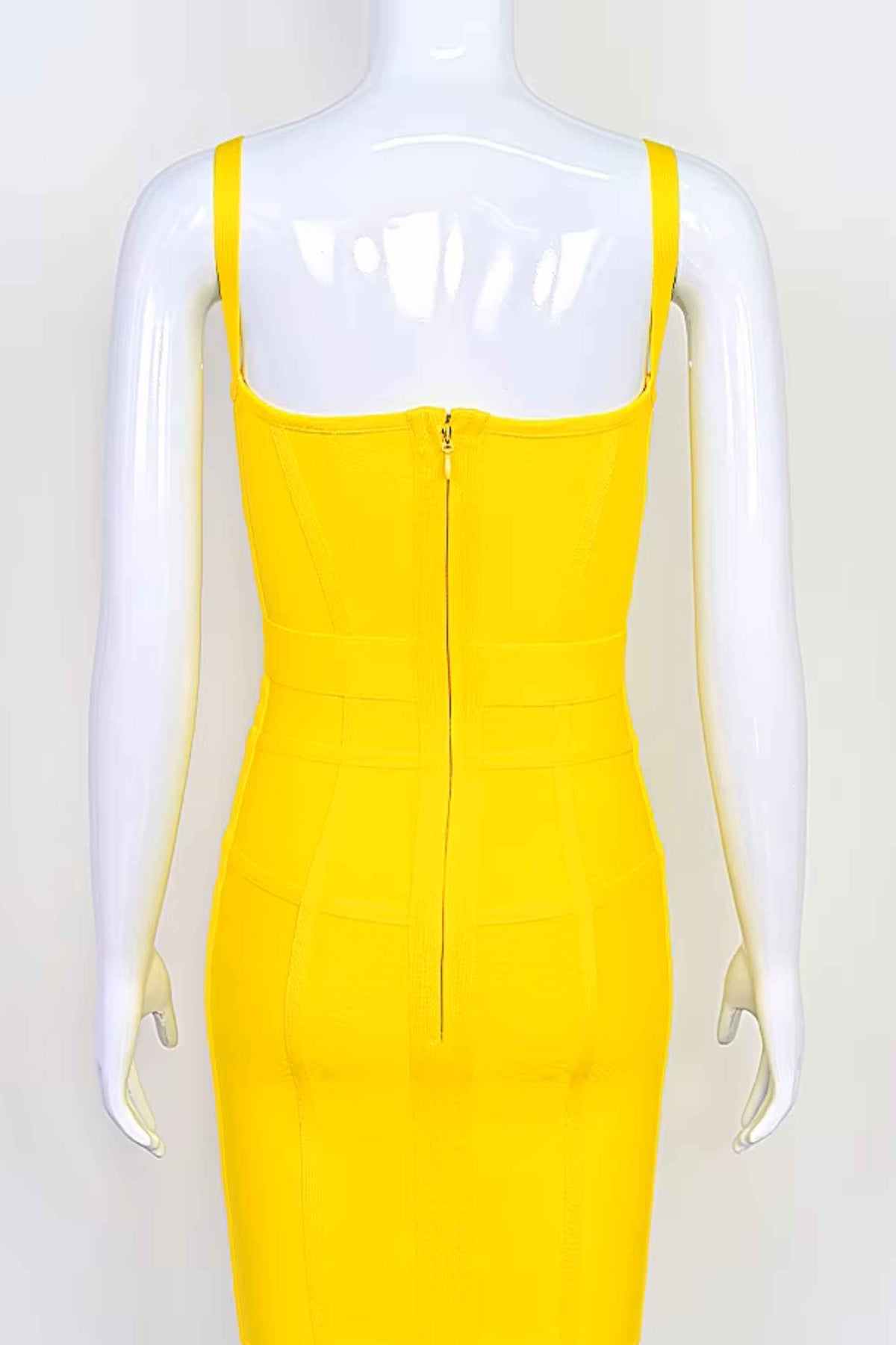 Woman wearing a figure flattering  Pip Bandage Corset Dress - Sun Yellow Bodycon Collection