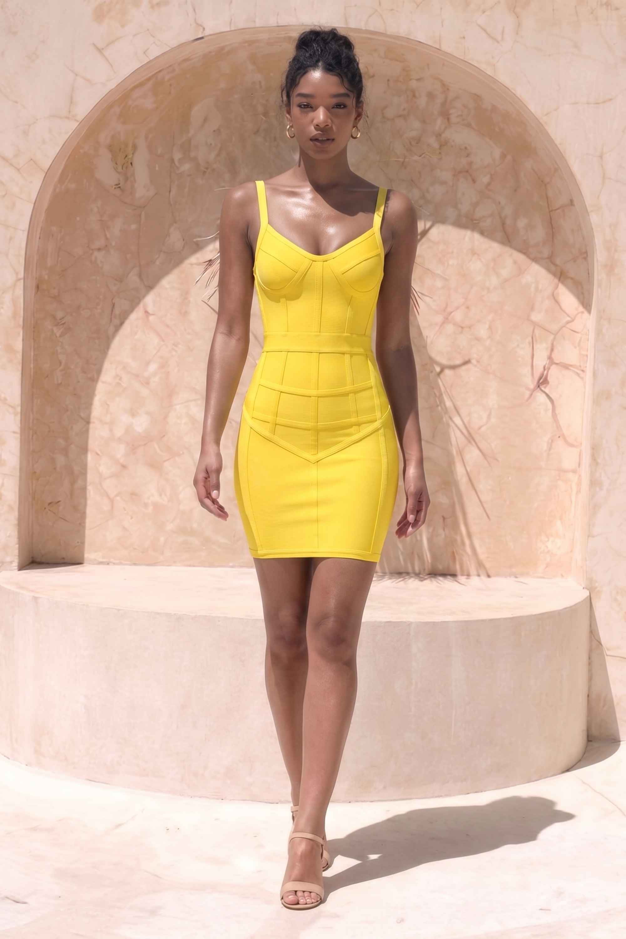 Woman wearing a figure flattering  Pip Bandage Mini Dress - Sun Yellow BODYCON COLLECTION