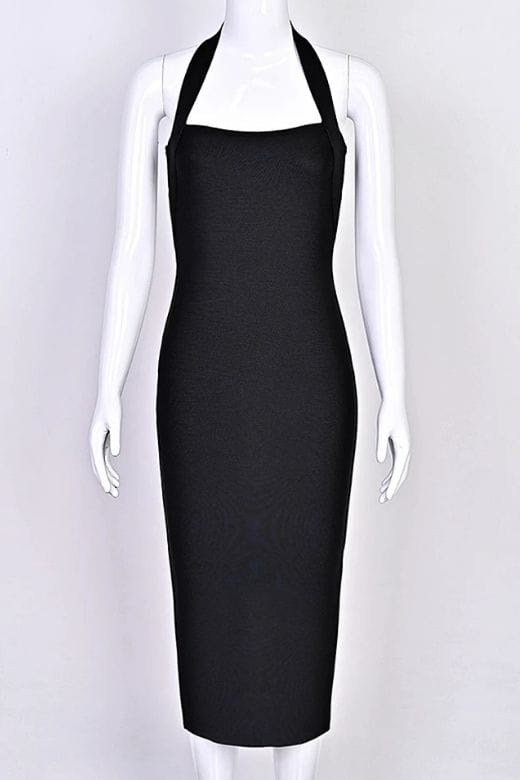 Woman wearing a figure flattering  Raya Bodycon Midi Dress - Classic Black BODYCON COLLECTION Pty Ltd