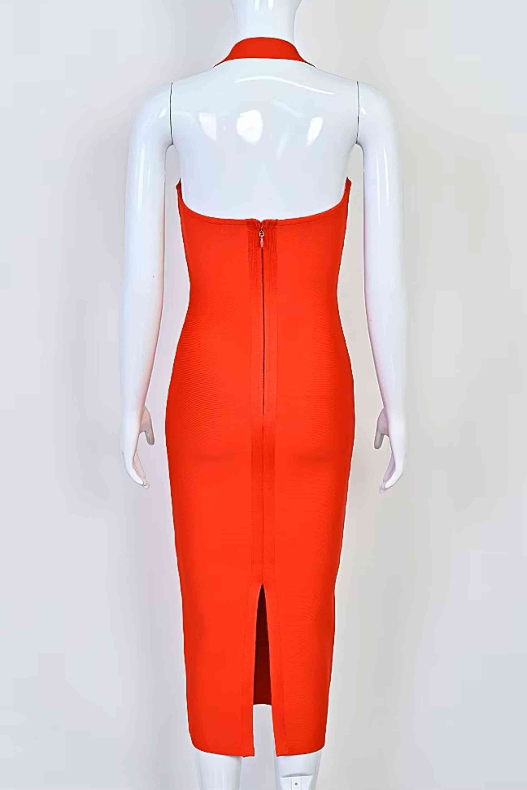 Woman wearing a figure flattering  Raya Bodycon Midi Dress - Lipstick Red BODYCON COLLECTION Pty Ltd