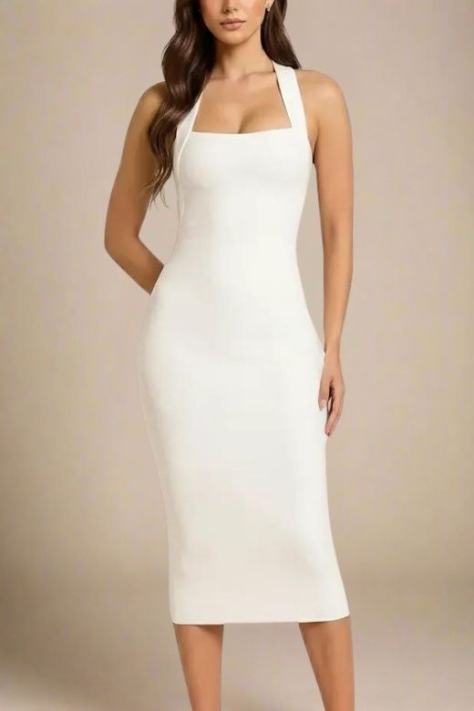 Woman wearing a figure flattering  Raya Bodycon Midi Dress - White Pearl BODYCON COLLECTION Pty Ltd
