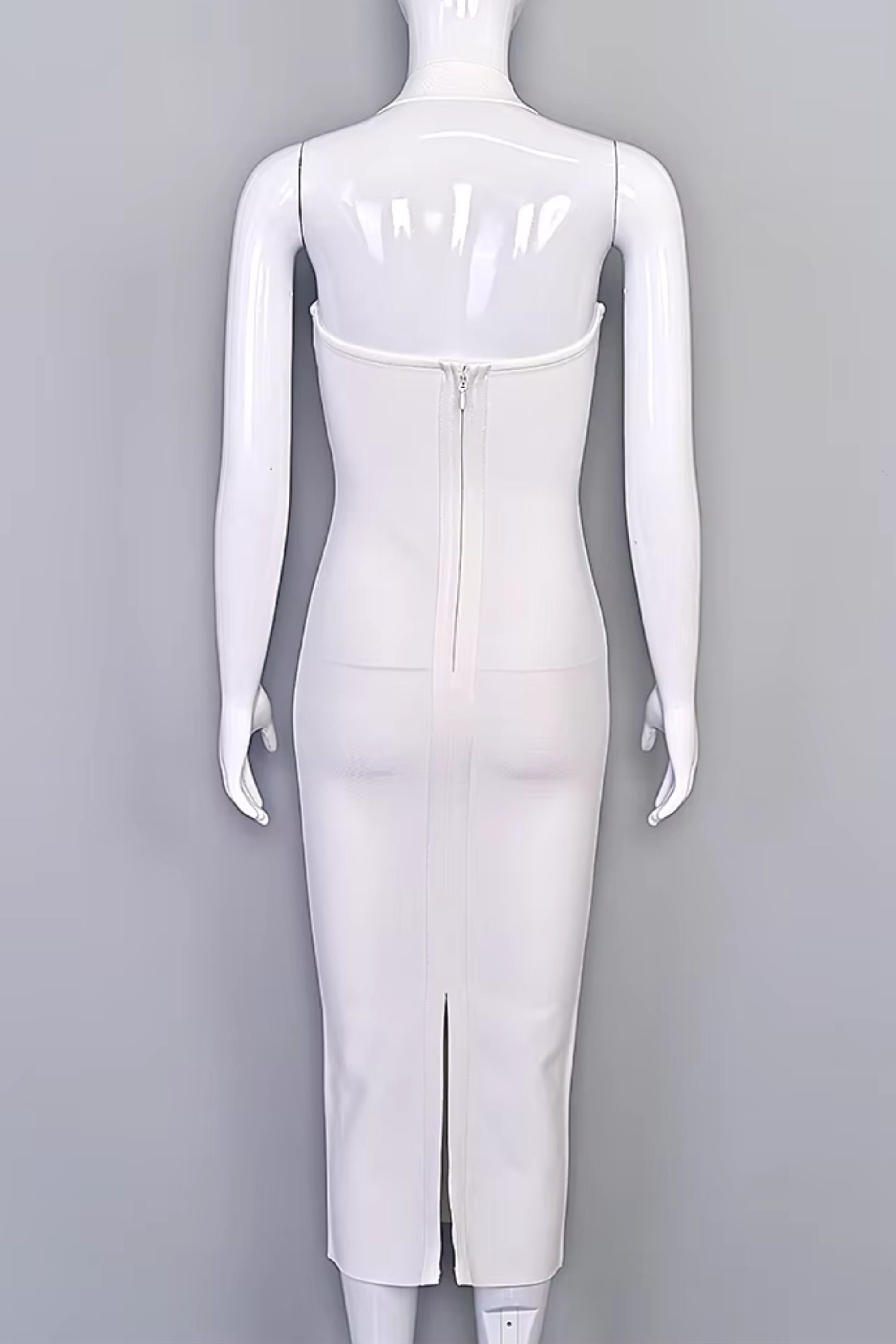 Woman wearing a figure flattering  Raya Bodycon Midi Dress - White Pearl BODYCON COLLECTION Pty Ltd