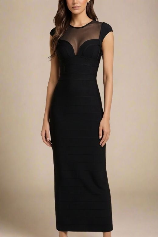 Woman wearing a figure flattering  Rory Bandage Maxi Dress - Classic Black BODYCON COLLECTION Pty Ltd