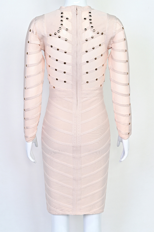 Woman wearing a figure flattering  Rosa Long Sleeve Bodycon Dress - Cream BODYCON COLLECTION