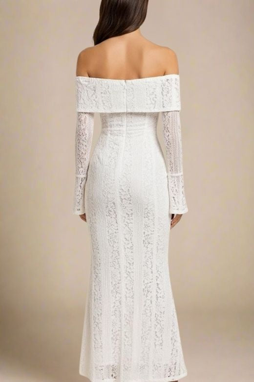 Woman wearing a figure flattering  Rose Long Sleeve Bodycon Maxi Dress - Pearl White BODYCON COLLECTION