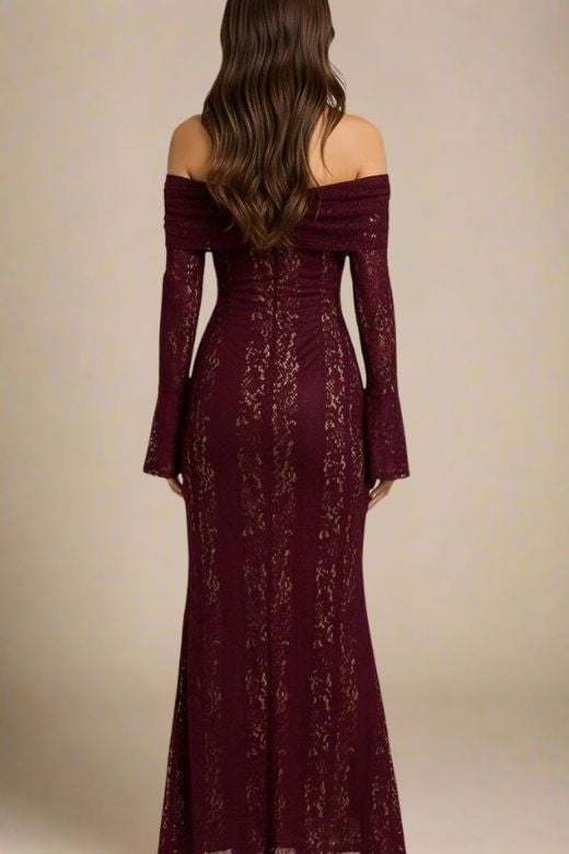 Woman wearing a figure flattering  Rose Long Sleeve Bodycon Maxi Dress - Sangria Purple BODYCON COLLECTION