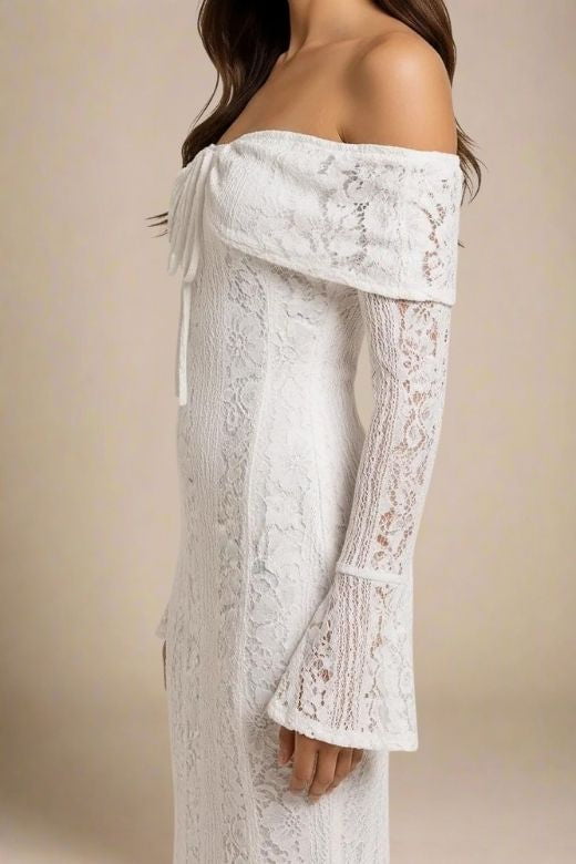 Woman wearing a figure flattering  Rose Long Sleeve Bodycon Maxi Dress - White Pearl BODYCON COLLECTION