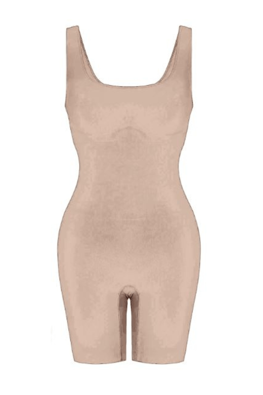 Woman wearing a figure flattering  Round Neck One Piece Bodysuit Shapewear - Mid Thigh Bodycon Collection