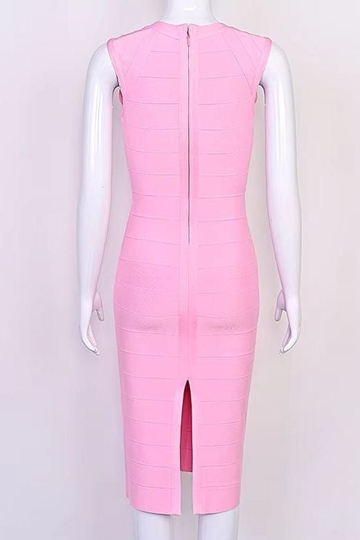 Woman wearing a figure flattering  Sabrina Bandage Midi Dress - Dusty Pink BODYCON COLLECTION Pty Ltd