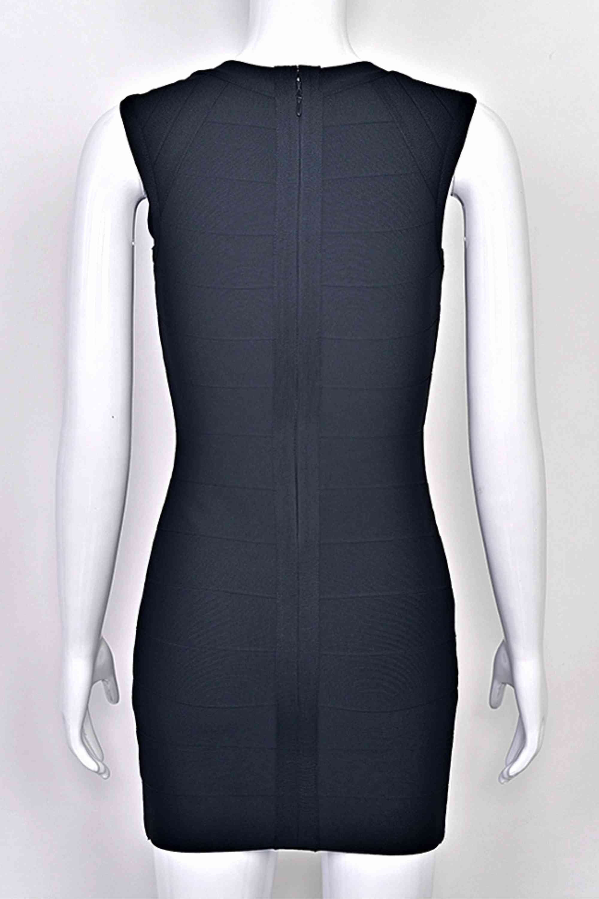 Woman wearing a figure flattering  Sabrina Bandage Mini Dress - Classic Black BODYCON COLLECTION Pty Ltd