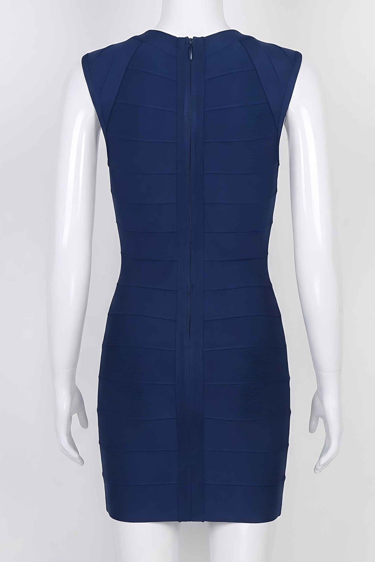 Woman wearing a figure flattering  Sabrina Bandage Mini Dress - Navy Blue BODYCON COLLECTION Pty Ltd
