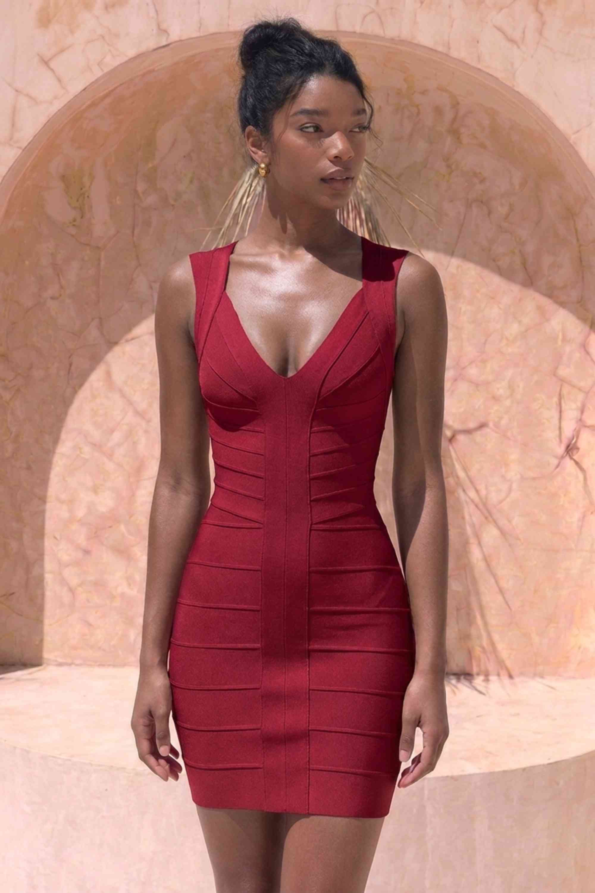 Woman wearing a figure flattering  Sabrina Bandage Mini Dress - Red Wine BODYCON COLLECTION Pty Ltd