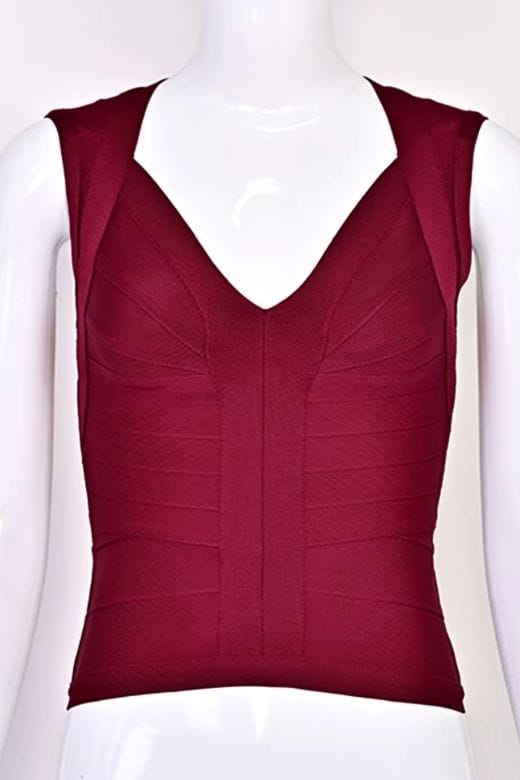 Woman wearing a figure flattering  Sabrina Bandage Top - Red Wine BODYCON COLLECTION Pty Ltd