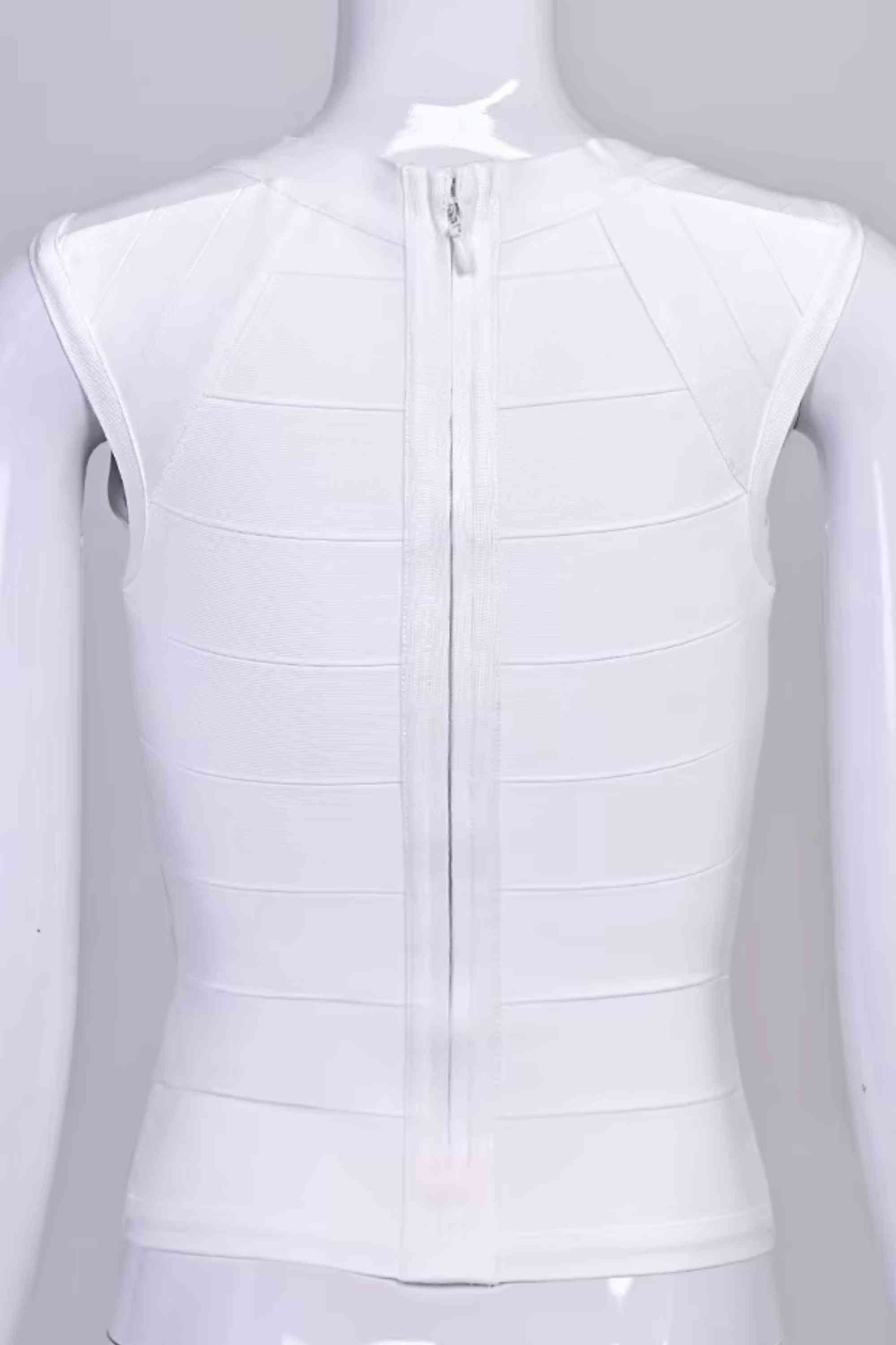 Woman wearing a figure flattering  Sabrina Bandage Top - White Pearl BODYCON COLLECTION Pty Ltd