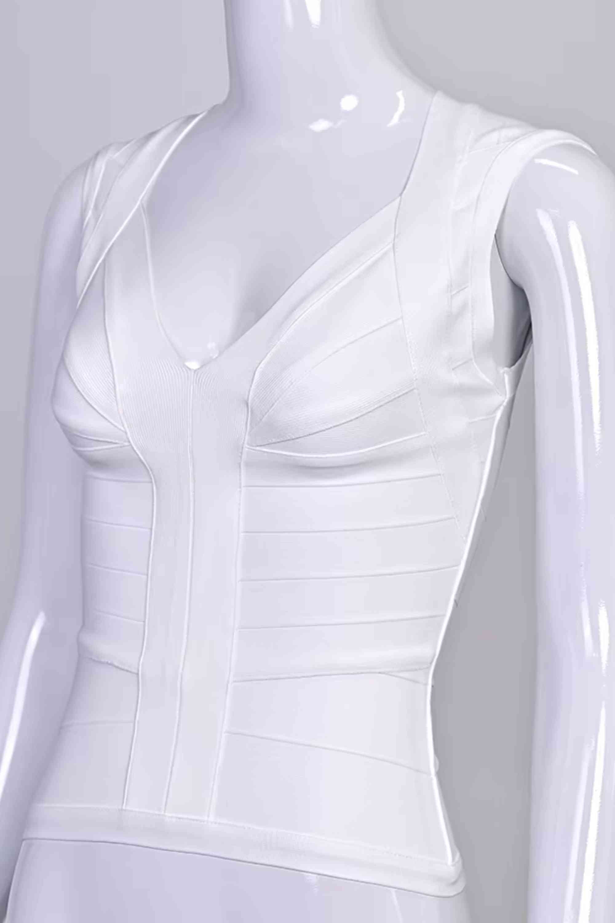 Woman wearing a figure flattering  Sabrina Bandage Top - White Pearl BODYCON COLLECTION Pty Ltd