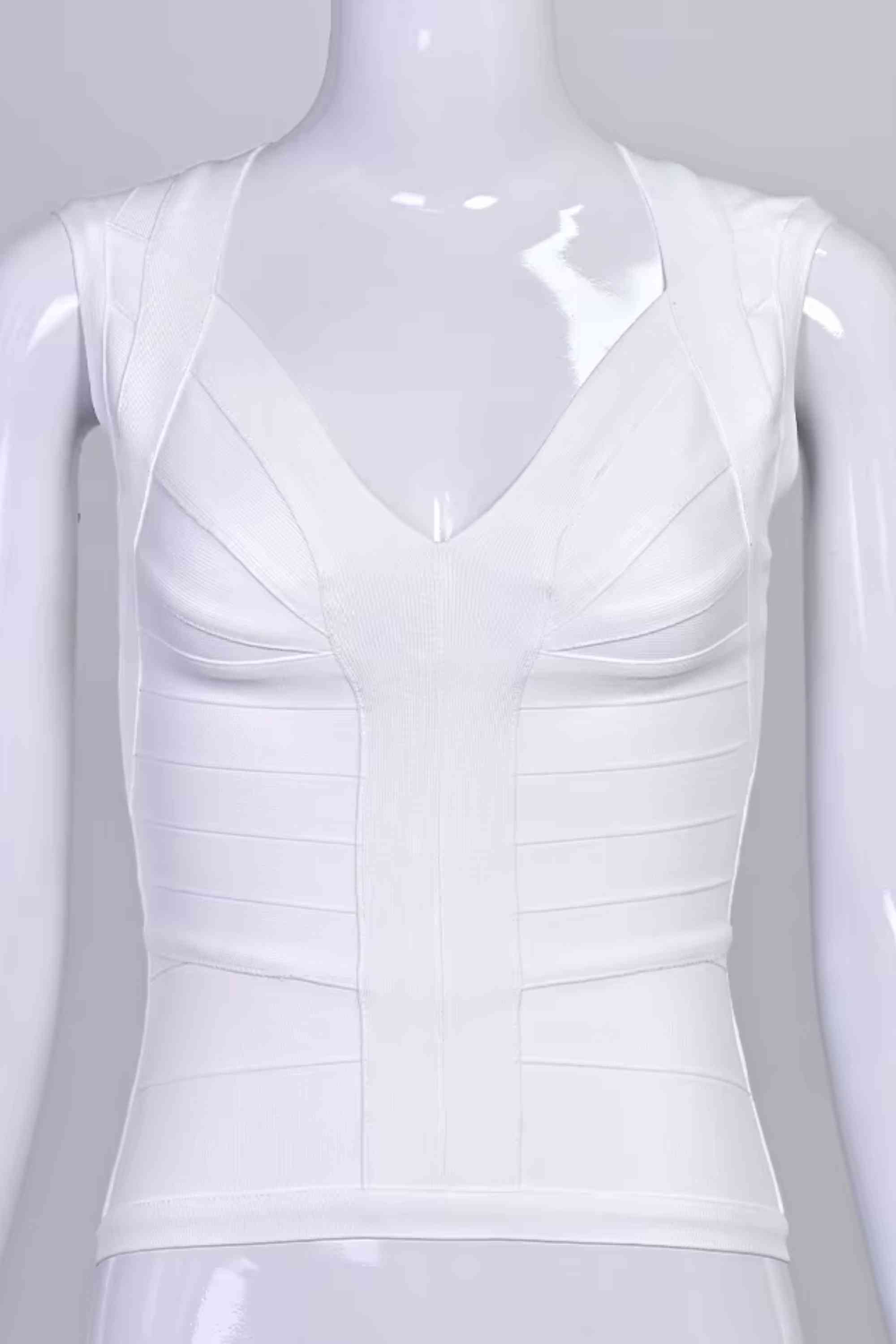Woman wearing a figure flattering  Sabrina Bandage Top - White Pearl BODYCON COLLECTION Pty Ltd