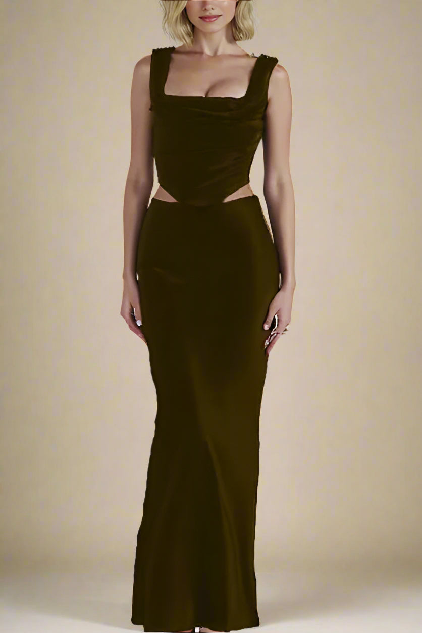Woman wearing a figure flattering  Sabrina Wrap Top and Maxi Skirt Outfit Set - Chocolate Brown BODYCON COLLECTION